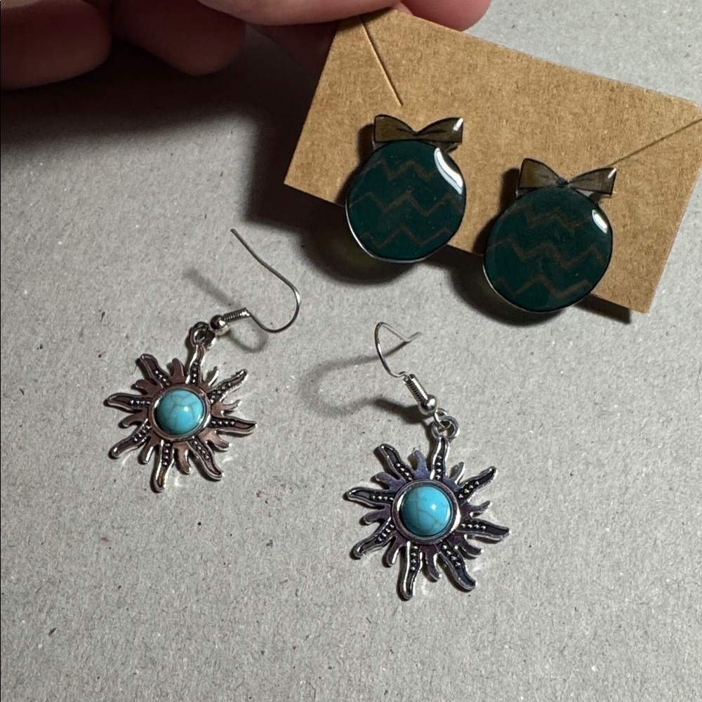 Turquoise Like Silver Sun and Easter egg Earrings Set